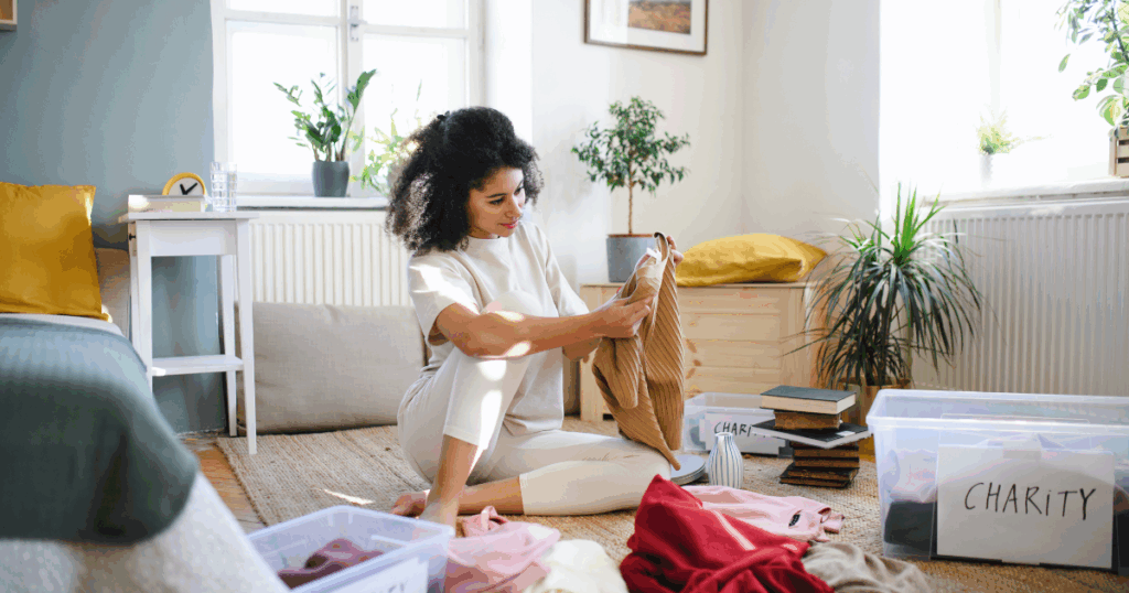 A woman sitting on the floor sorting and decluttering household items in a well-lit room.