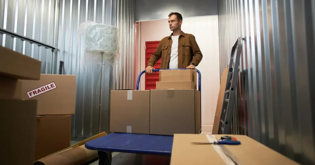 A man with a lot of moving boxes