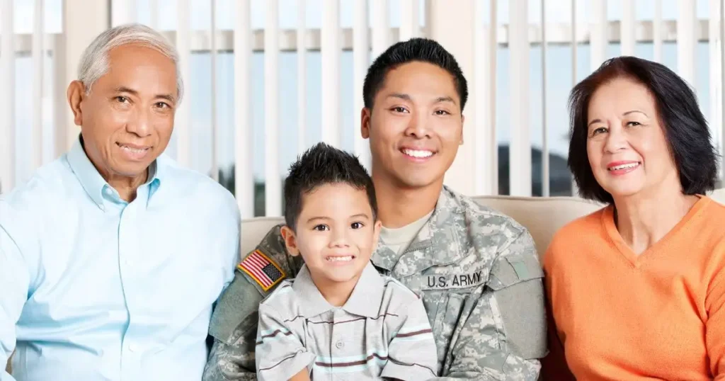 army service person with parents and child